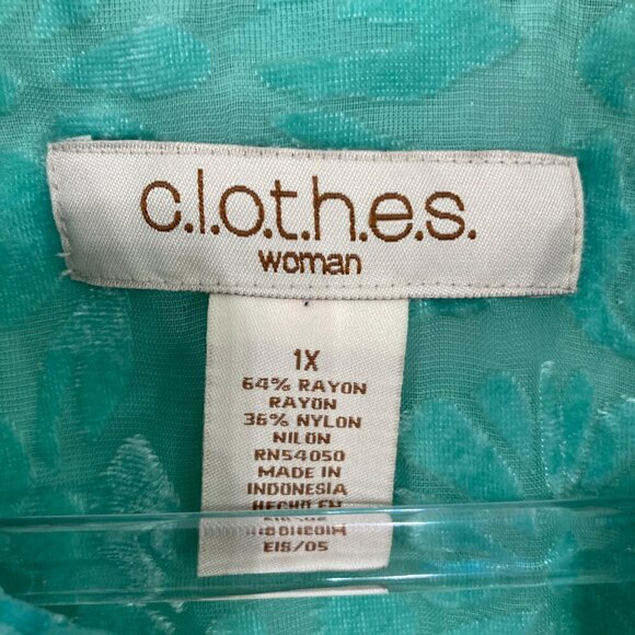 NWT Vintage C.l.o.t.h.e.s size 1X Kelly Green Floral Velvet Burn-out Button Down - Picture 2 of 11